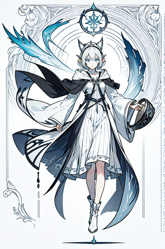 Gray and white shoulder-length short hair,Girl,Blue Eyes,Elf ears,No headdress,No cat ears,Wear a magician's robe,cloak,hood,Long skirt,Boots,Knee socks,full-body shot,front Photo,No background
