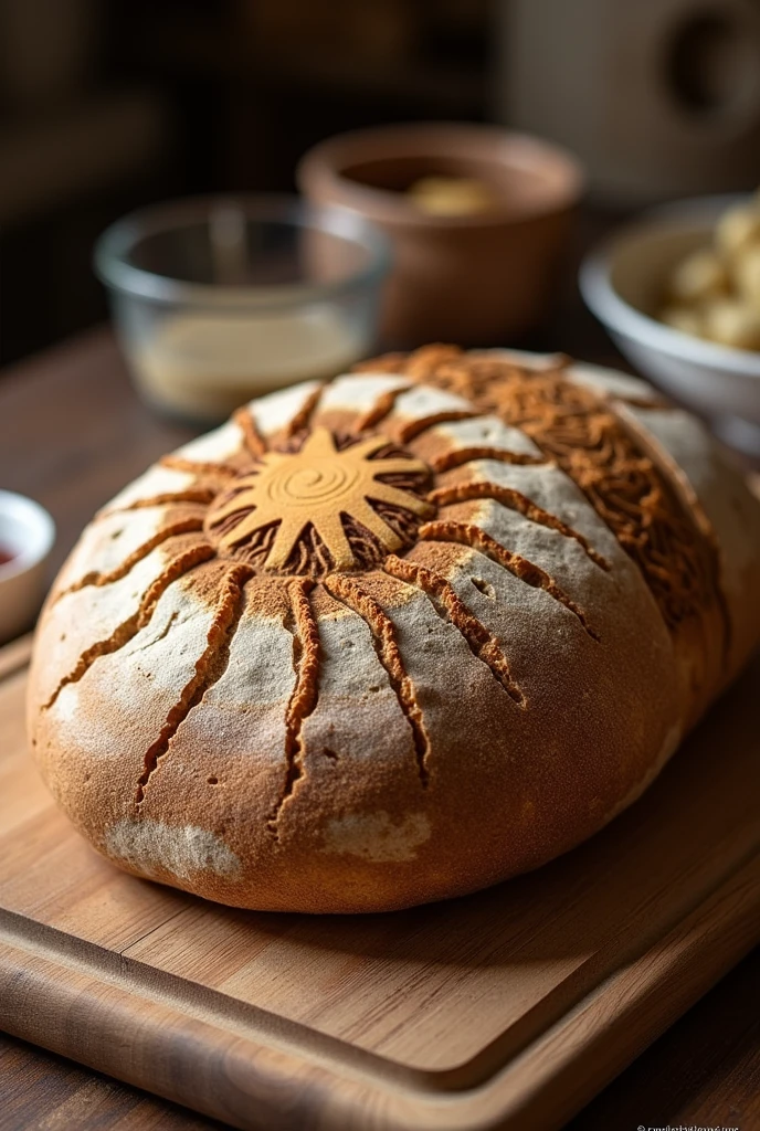 Sourdough bread with a sun drawing on the top 