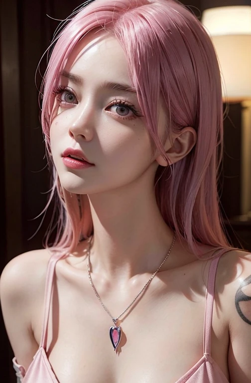 Cool women、sexy、Center of chest、Rize from Chainsaw Man、beauty、Yandere、、Face close-up、Chest tattoo、suit、necklace、(look up)、(Pink Hair)、).((Save face image))、((Hotel)).