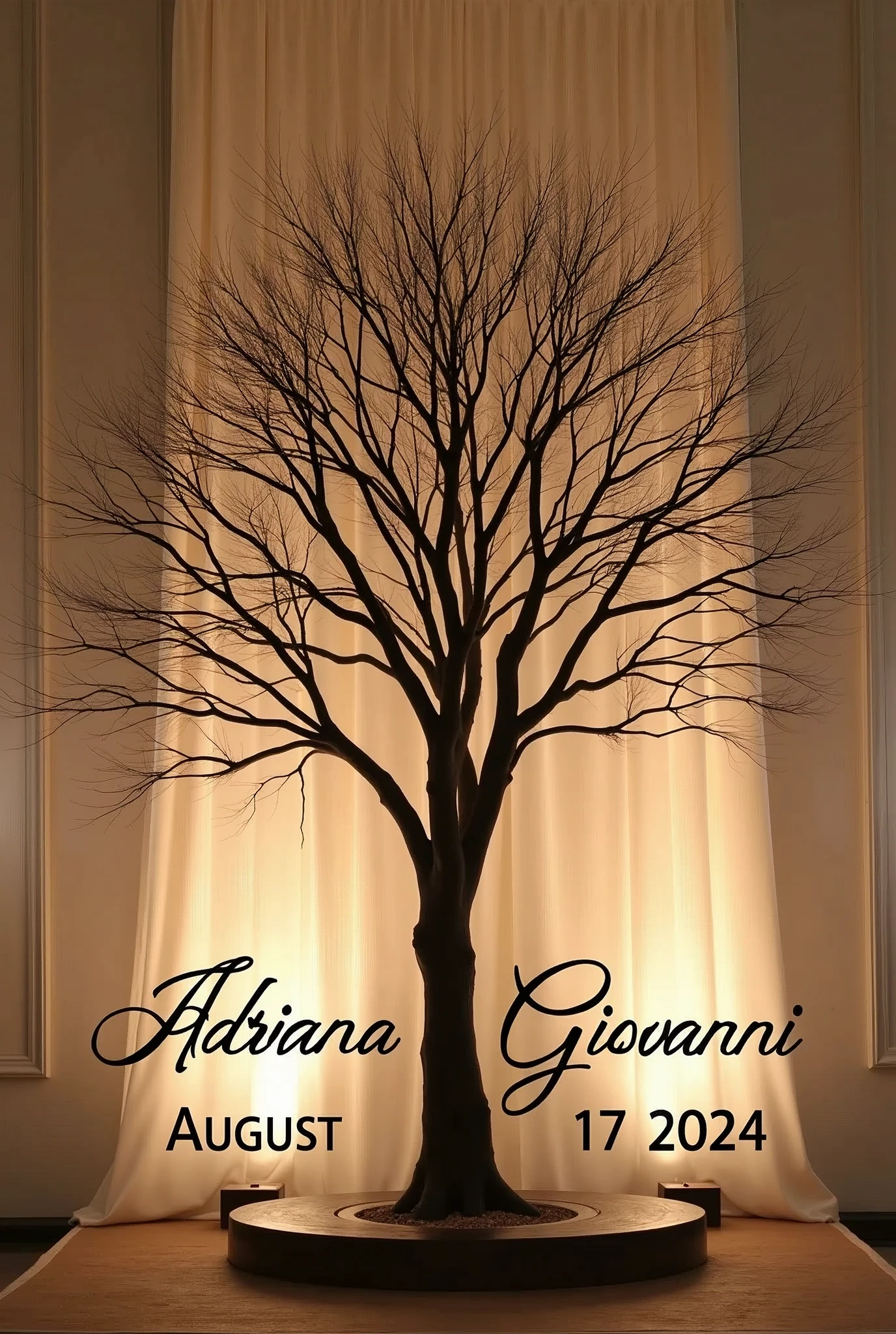 "Please, create an image of an elegant tree without leaves or flowers for a wedding with a sober background. The tree should include the names 'Adriana' and 'Giovanni' prominently displayed at the base of the tree. On the bottom, Add the date 'August 17, 2024'. Decorate the image with a festive and romantic look."