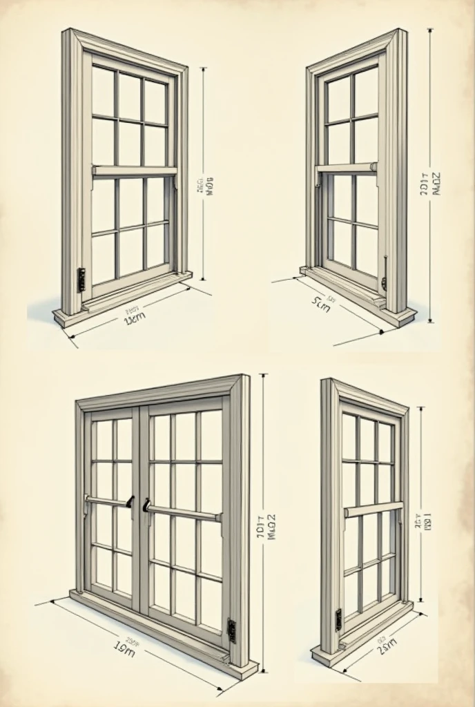 I need a wooden French window that contains its positions From the bottom of the window,
Front elevation Lateral elevation Posterior elevation And isometric In total there would be 5 parts