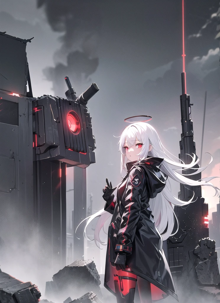 masterpiece, best quality, 1girl, red eyes, white hair, mechanical legs, raincoat, black gloves, black coat, raining, sky, ruins, rifle, headset, rubble, android, long hair, halo,