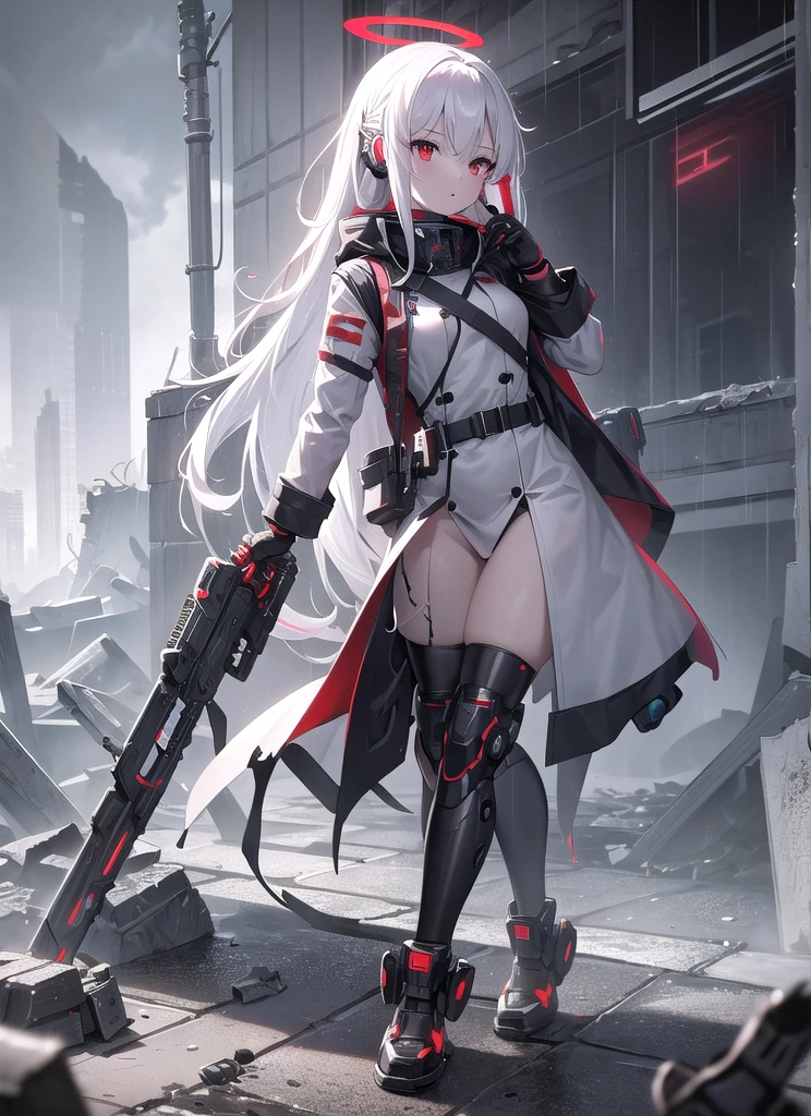 masterpiece, best quality, 1girl, red eyes, white hair, mechanical legs, raincoat, black gloves, black coat, raining, sky, ruins, rifle, headset, rubble, android, long hair, halo,