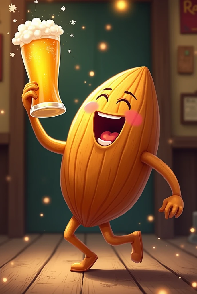 an almond dancing with its beer