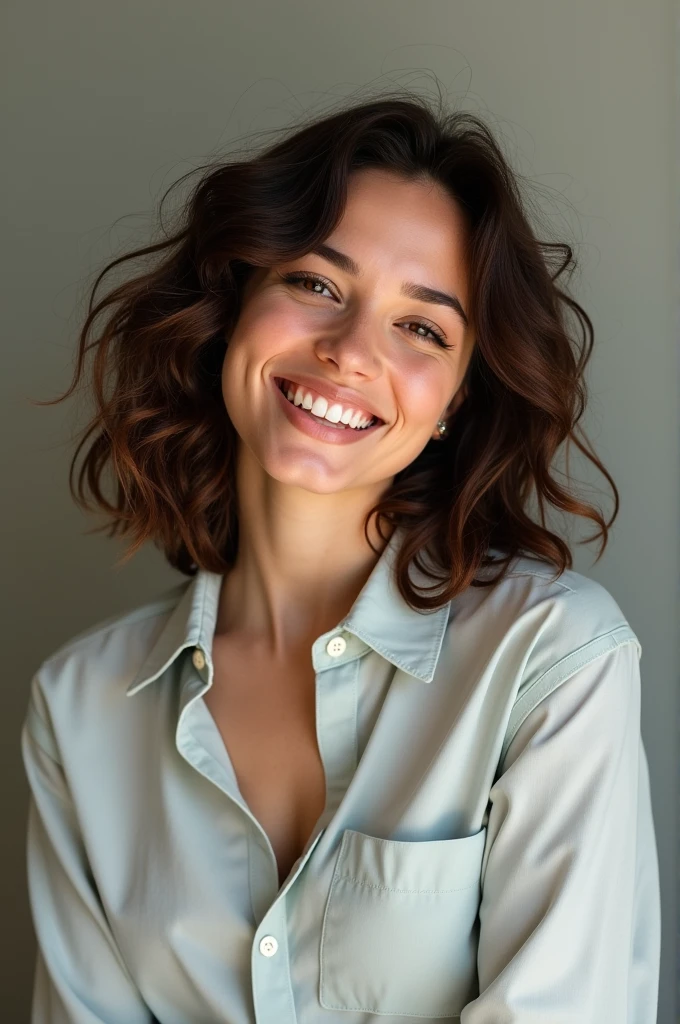 Brunette woman with washed curly hair, Collared shirt, my pants