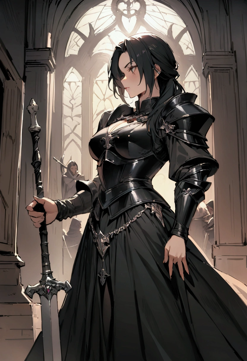 masterpiece,Highest quality,Super quality,Medieval fantasy works,A strong female swordsman in black armor,Be kind to your subordinates,Actually a good guy,He will teach you swordsmanship.