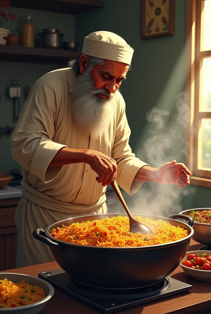 Indian
Muslim man wearing cap making biriyani with too long spoon and very big pot