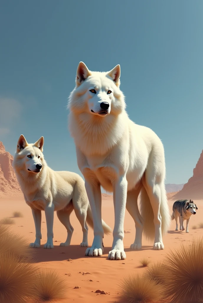 White wolf in desert with dogs