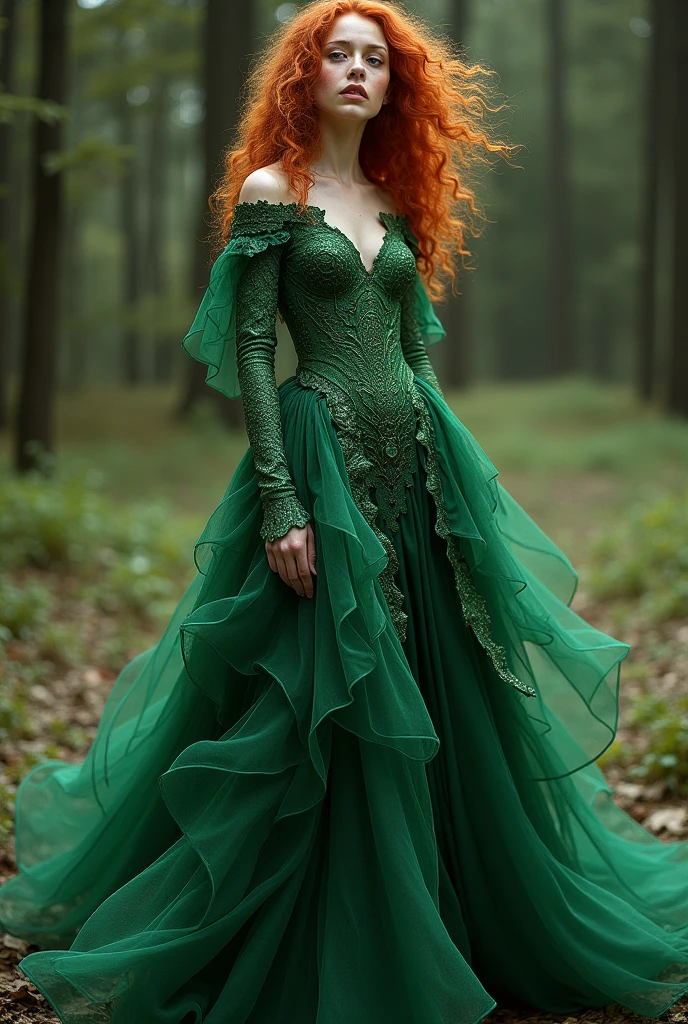 Curly redhead girl in long green dragon-inspired dress,fully body