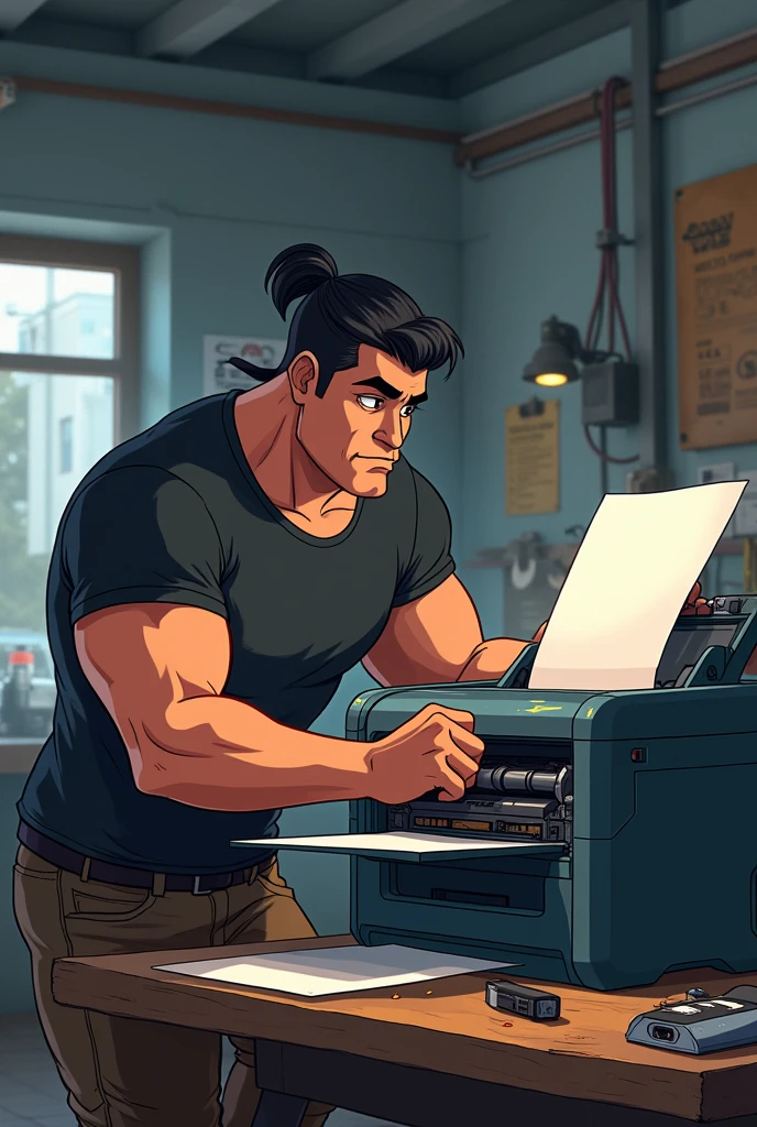 Animated image of a robust man with a ponytail in his hair, black t-shirt repairing a printer