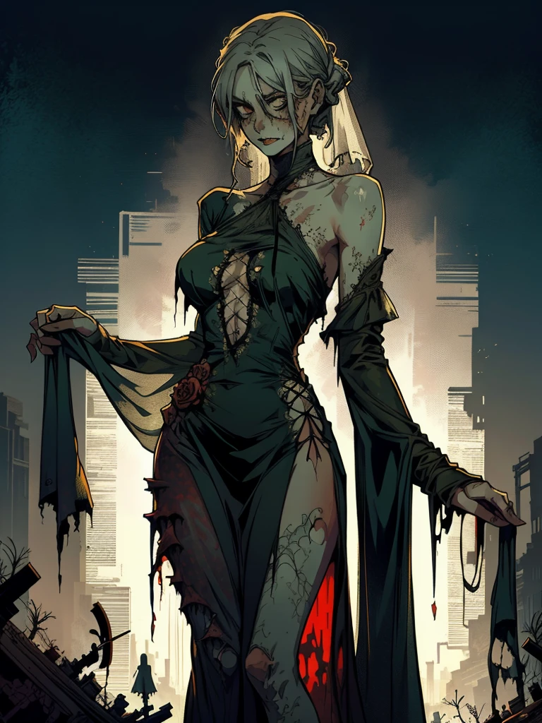 zombie's, undead , undead girl , shorth hair , long ripped dress , undead girl , all-body , undead , Long white ripped dress , Long and wide dress , Shroud, at night , torn dress , undead features , Corpo sexuell , sexuell , blurred look, She stands directly in front of the viewer., with hands down