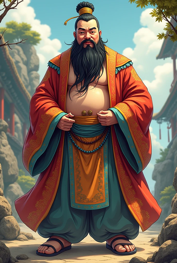 tao, Kaufmann, round belly, reddish beard, Black bald hair, Richly dressed, colorfully dressed, Anime Style