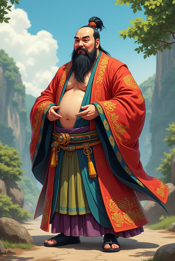 tao, Kaufmann, round belly, reddish beard, Black bald hair, Richly dressed, colorfully dressed, Anime Style