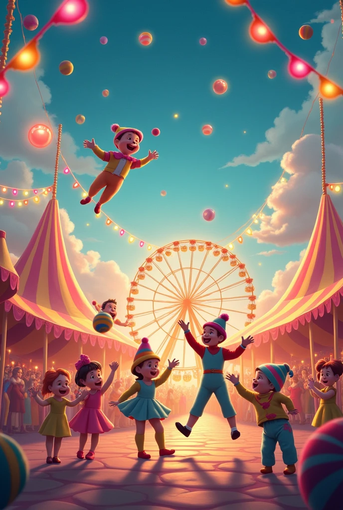 Circus scenes in candy colors, with dolls of girls and boys and colorful tents all in baby pink, baby yellow, baby green, baby blue, illuminated by bright and happy lights. Clowns wearing striped clothes in the same colors mentioned above and exaggerated hats, jugglers launching balls and rings into the air, and acrobats performing impressive jumps. In the background, a Ferris wheel illuminated with colorful neon lights. The predominant colors are baby pink, baby yellow, baby green and baby blue, all in radiant candle tones, creating a festive and enchanting atmosphere. Disney style, with images contained in several variations of images"