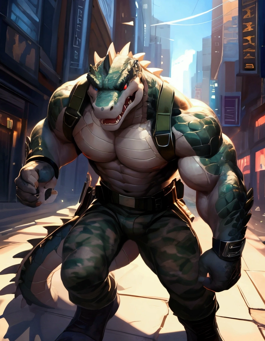 solo, anthro, furry male, crocodile, ((Spiny scales, scales, detailed muscles)), (Crocodile print), black scales, white belly, spiny scales, standing up, bodyguard outfit, black claws, red eyes, slit eyes, slim fit, muscular slim, cracking knuckles, cyber street, cyber upgrades, crazed look, menacing, raging, angry, detailed eyes, pecs, tail, long tail, looking away, (Masterpiece, by null-ghost, hi-res, 8k), tight black shirt, camo pants, face sideways, leaning forward, oil stain, military outfit, seen from above, upward pov,