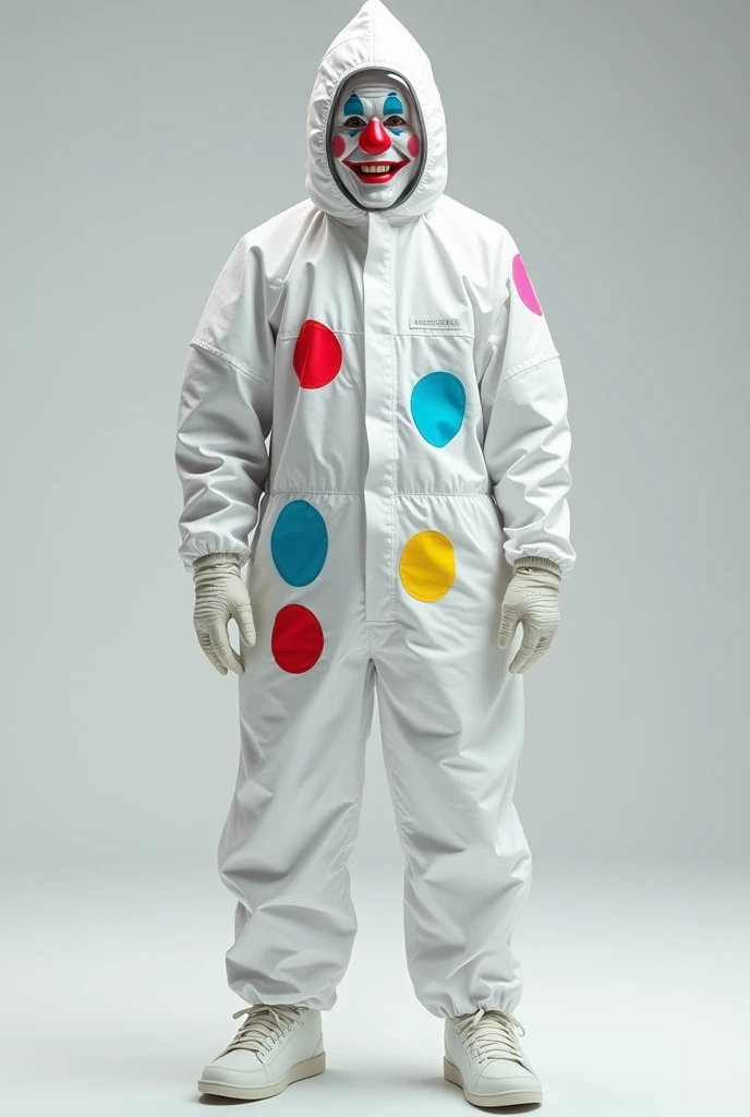 Clown in white biosecurity suit with colored patches 