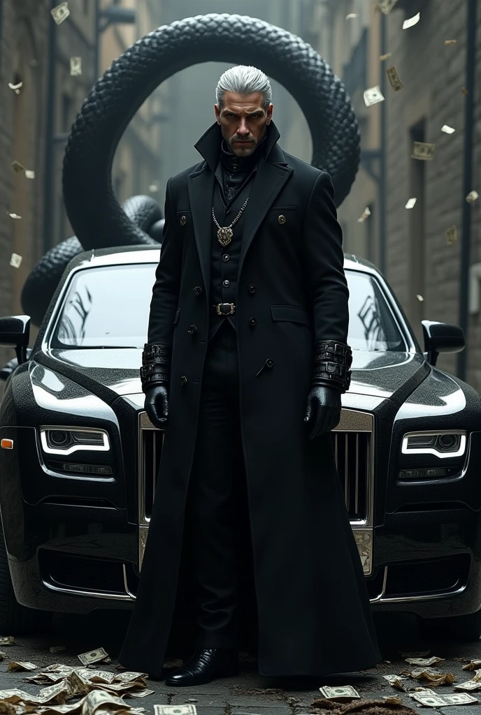 Witcher with black coat ,rolles roys black car on background, black cobra snake , falling more money