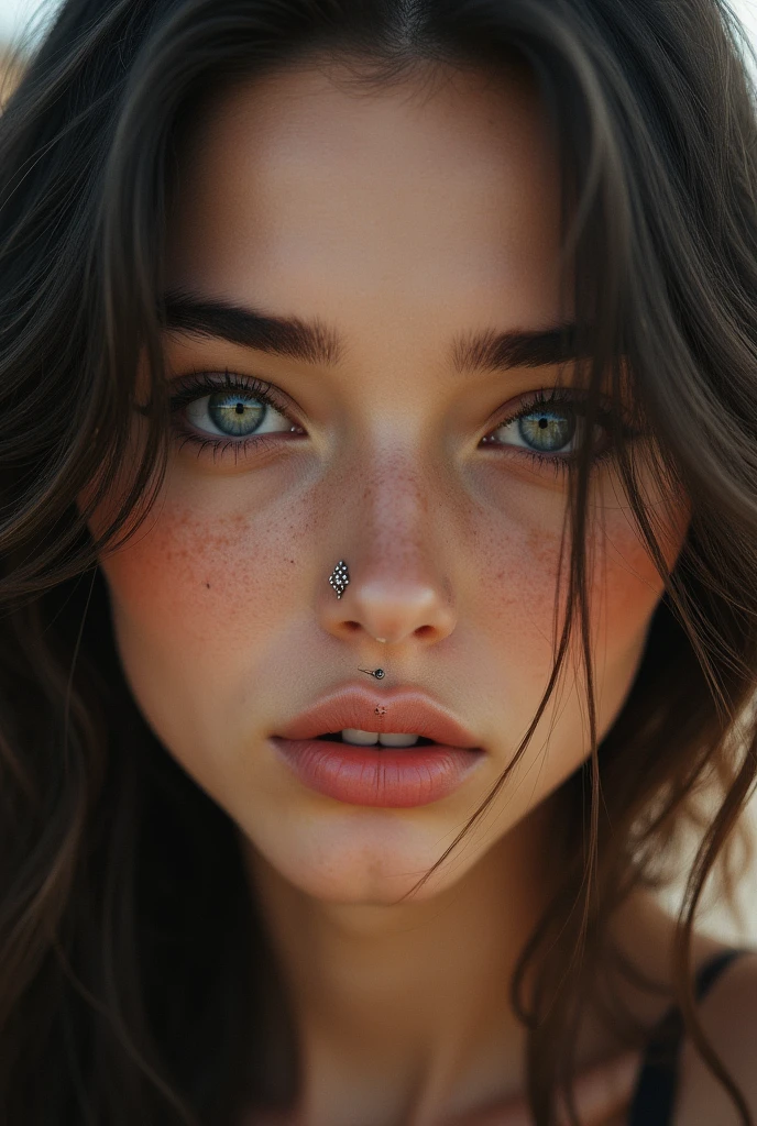 Beautiful girl face with piercings in nose,eyebrow,bridge,lips and ears