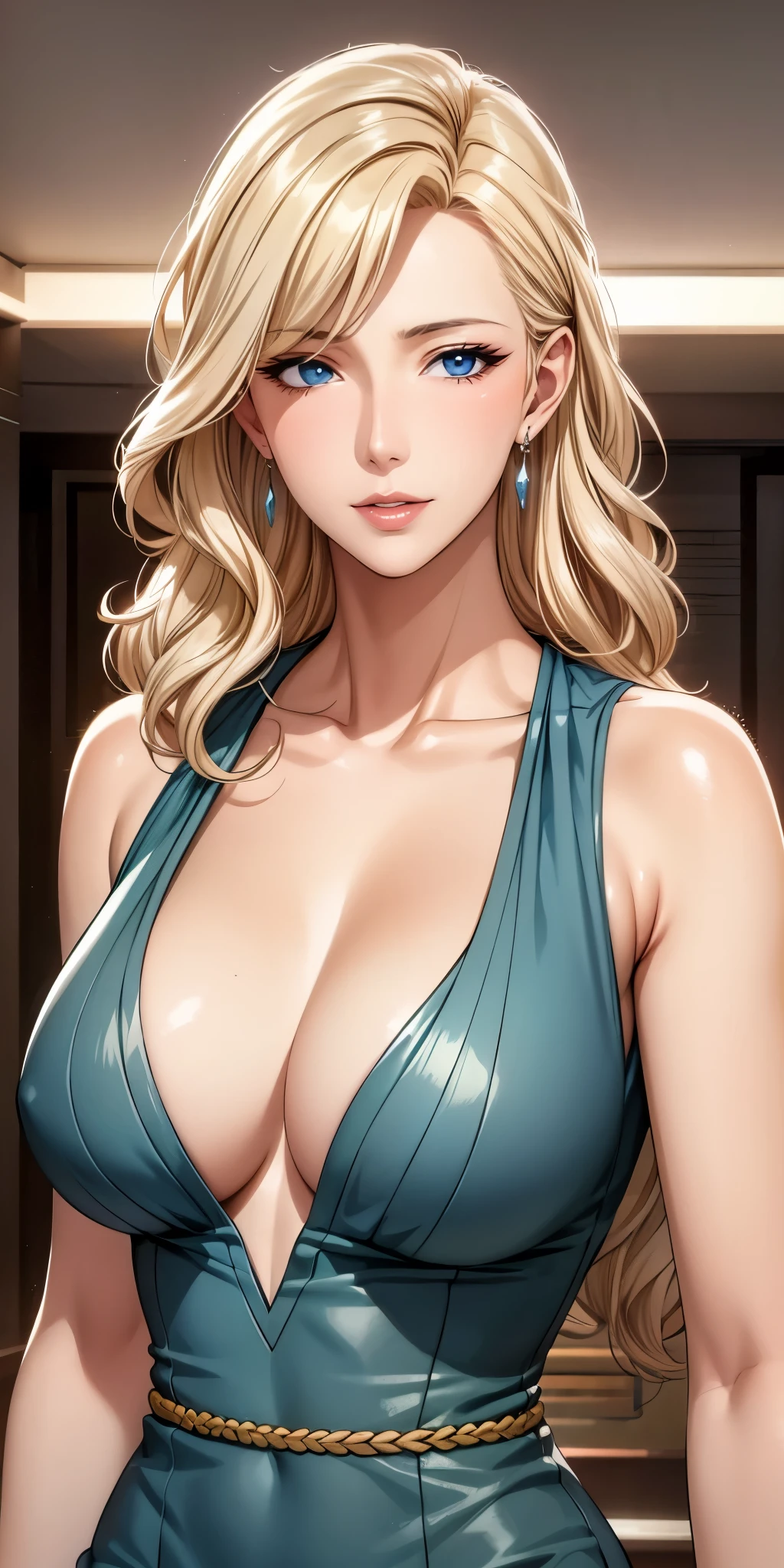 Elegant mature woman, milf, blue eyes, blonde hair, soft light, 4k resolution, high quality, beautiful cg