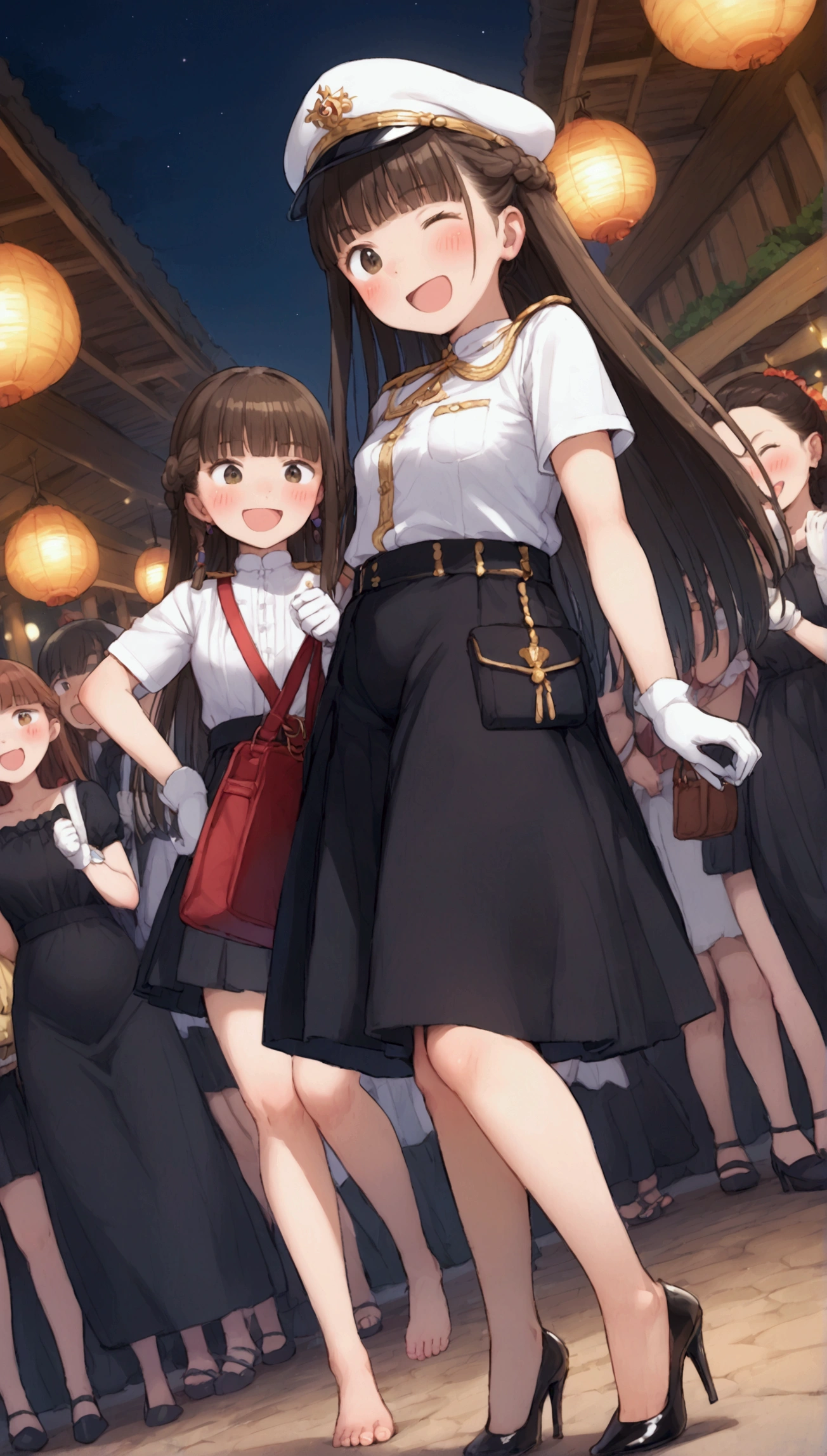 {Highest quality}, {Super beautiful},{Ultra fine},{Best illustration},Brown Hair,Hime cut,long hair,Braid,One woman,Standing Woman,Strike a pose,Adult women,smile,Excited face,Wink,Uniform cap,White Shirt,Short sleeve,long black skirt,White gloves,Night Festival,Blushing,Slender,Black high heels,barefoot,From an angle,From below,Woman with closed legs,Hold a bag in one hand