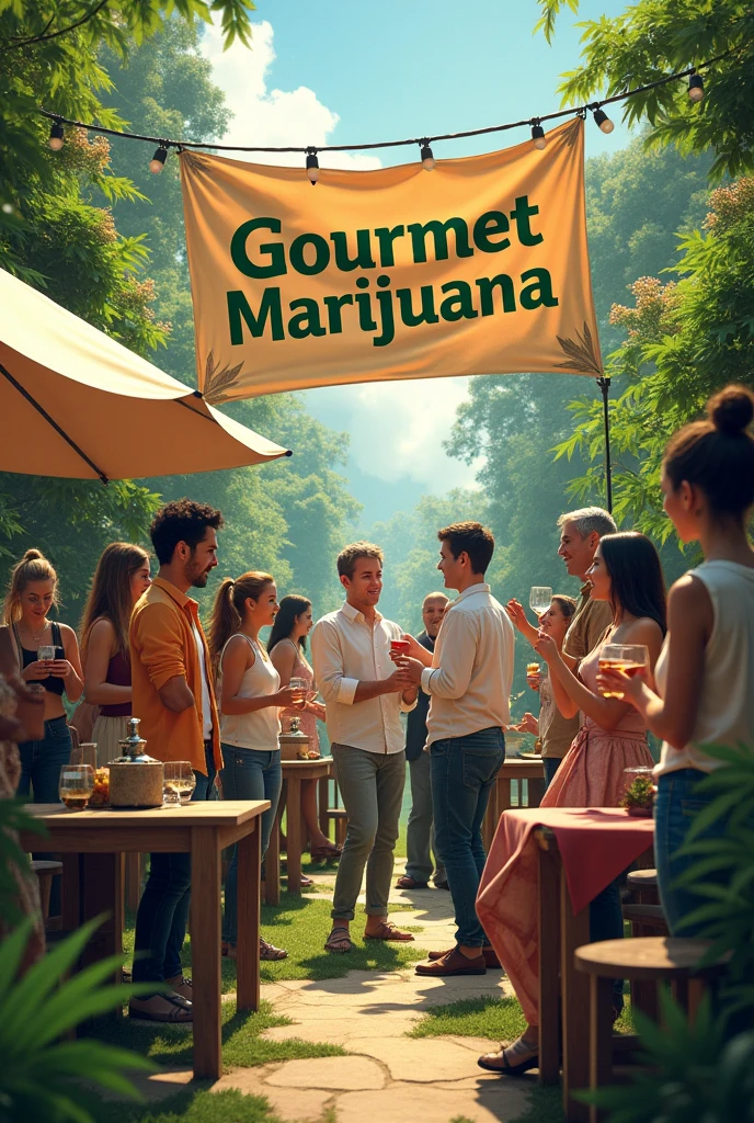 An image with the event theme "gourmet marijuana", several middle class people smoking marijuana at an outdoor event with a banner saying "gourmet marijuana".