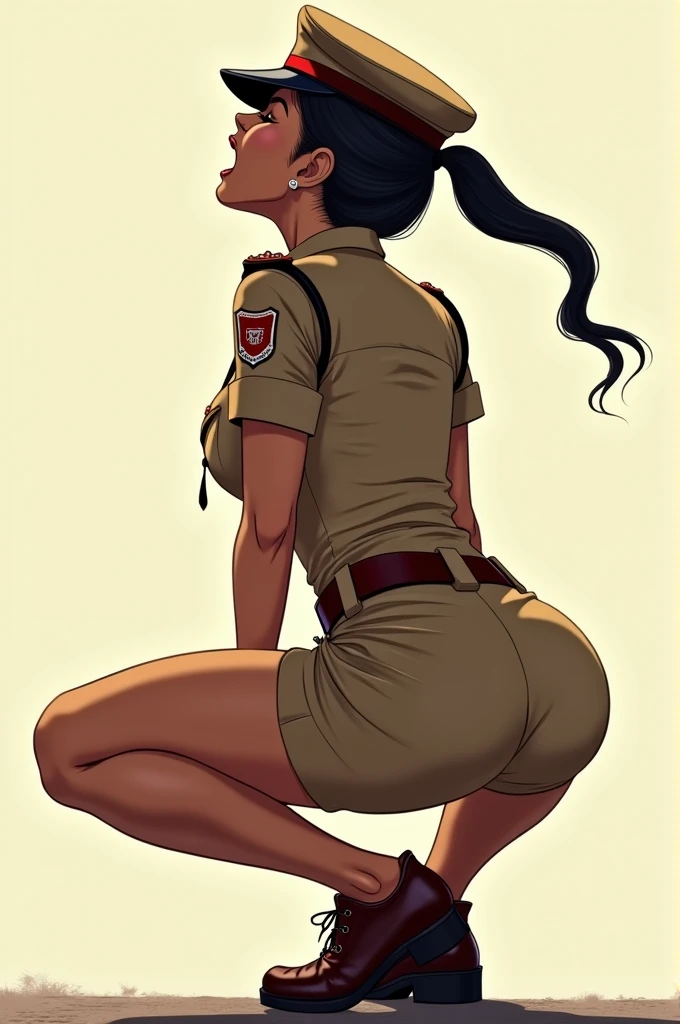 Hot white indian women police officer doing a squat with ahegao face seen from behind in a khaki uniform