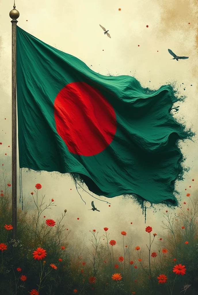 Generate an image that has "where creativity meets competition and truth" written on the Bangladesh flag.