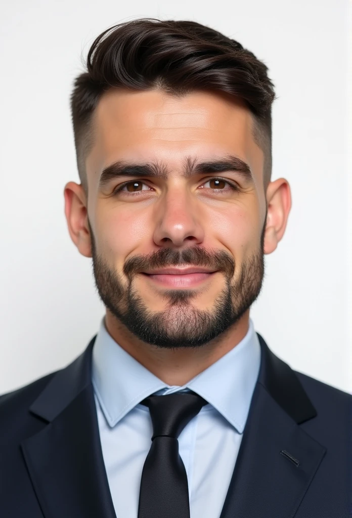 Create a realistic passport-style photo of a man in his 30s, with dark brown hair, a normal build, and light stubble. The man should be wearing a formal suit with a tie, and the background should be plain white, adhering to passport photo requirements. His hair should be in a neat military cut, with the top trimmed to a number five clipper length and the sides to a number three—short enough that the hair cannot be combed. He should have a neutral expression, without smiling. The image should resemble a real photograph taken in a professional studio.