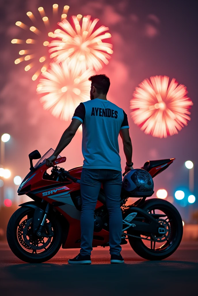 Hi Leonardo, I want you to generate an image, an accountant who is with a sports bike. The background of the image must be fireworks, The accountant must be wearing a t-shirt with the name Ayendes on the back., In his right hand he must carry a certified helmet.
The image must be like a WhatsApp profile.
The image should be a little further away, not so close.
