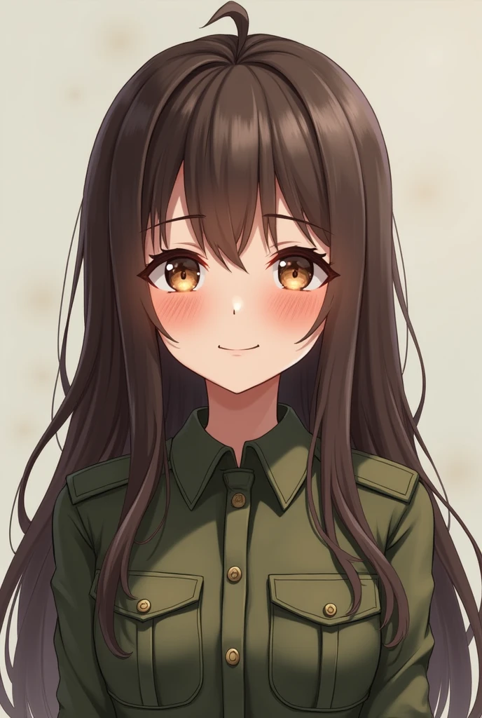 Blushing soldier girl with long brown and brown eyes.