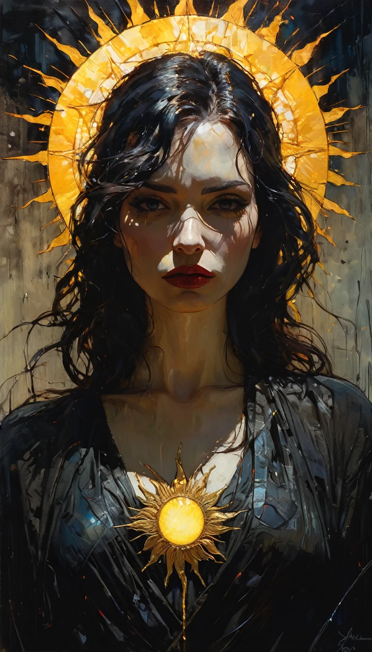 sun, oil painting, moody atmosphere, photorealistic, intricate details, masterpiece, ultra-detailed, high quality, 8k, best quality, realistic, cinematic, dark and brooding, expressionistic, powerful composition, emotional impact, Bill Sienkiewicz inspired art
