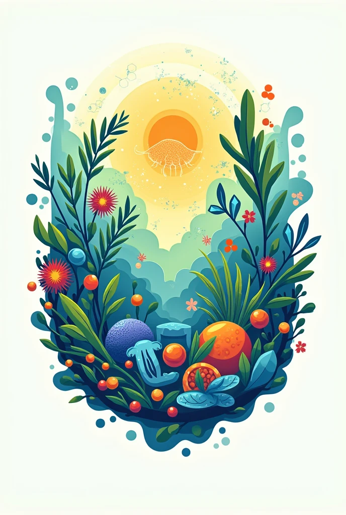 Logo of the Natural Products and Organic Synthesis Laboratory, that has plants, Marine organisms, microorganisms, organic molecules, that the word natural products laboratory comes out in Spanish.