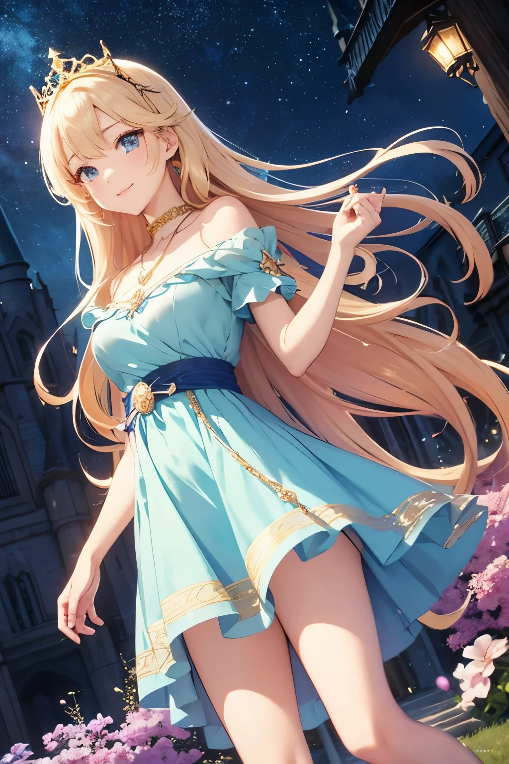 Highest quality、High resolution、8k、masterpiece、Anime Style、
Vibrant colors、World-class professional animators、
Standing posture、(Beautiful Face、Beautiful Eyes)、
1 female、(cuteness)、Smile、elegant、
((Pastel Blue Dress))、Gold embroidery、aquamarine drop pendant、Blonde Long Hair、blue eyes、whole body、Golden High Heels、Medieval castle gardens、night、tiara、Princess