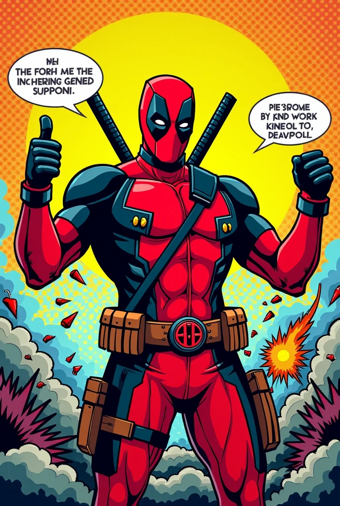 Create a vibrant and bold Pop Art-style image of Deadpool, capturing his irreverent and playful personality. The background should be a bright, eye-catching color, like neon yellow or electric blue, with a pattern of comic book-style dots or stripes to give it that classic Pop Art feel. Deadpool should be in the center of the image, striking a dynamic and exaggerated pose—maybe holding up his katanas or giving a thumbs up—with his signature red and black suit rendered in vibrant, flat colors with thick black outlines.

Incorporate speech bubbles with Deadpool’s witty and sarcastic remarks, using bold, comic book-style fonts. Surround him with playful, over-the-top elements like explosions, comic book panels, or even pop culture references, all in a mix of contrasting, vivid colors that pop off the canvas. Add halftone patterns and bold, graphic lines to enhance the overall Pop Art aesthetic, making the image feel like a dynamic, larger-than-life comic book cover.

The overall composition should be lively, humorous, and full of energy, reflecting the essence of Deadpool’s character while staying true to the bold, colorful style of Pop Art.