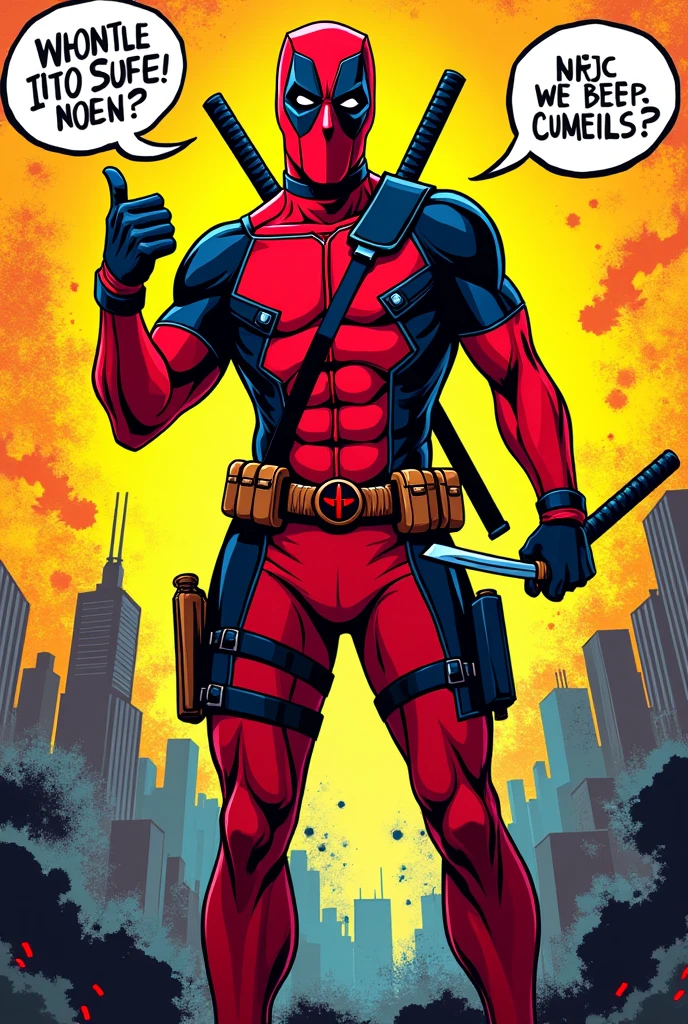 Create a vibrant and bold Pop Art-style image of Deadpool, capturing his irreverent and playful personality. The background should be a bright, eye-catching color, like neon yellow or electric blue, with a pattern of comic book-style dots or stripes to give it that classic Pop Art feel. Deadpool should be in the center of the image, striking a dynamic and exaggerated pose—maybe holding up his katanas or giving a thumbs up—with his signature red and black suit rendered in vibrant, flat colors with thick black outlines.
Incorporate speech bubbles with Deadpool’s witty and sarcastic remarks, using bold, comic book-style fonts. Surround him with playful, over-the-top elements like explosions, comic book panels, or even pop culture references, all in a mix of contrasting, vivid colors that pop off the canvas. Add halftone patterns and bold, graphic lines to enhance the overall Pop Art aesthetic, making the image feel like a dynamic, larger-than-life comic book cover.
The overall composition should be lively, humorous, and full of energy, reflecting the essence of Deadpool’s character while staying true to the bold, colorful style of Pop Art.