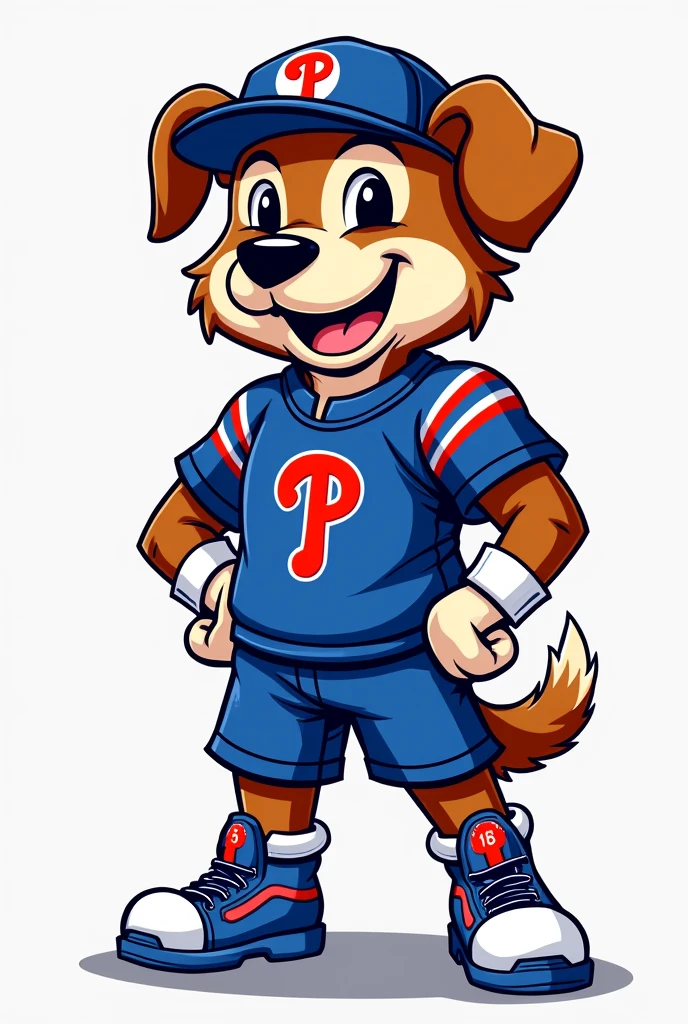 Crie uma imagem do mascote da philadelphia, which is represented by a dog, in blue and white colors, with a game uniform 