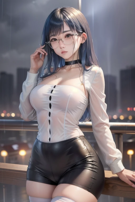  masterpiece, (improve quality 1.2) ( Detailed facial features 1.1), ((8K Wallpaper)), (beautiful woman and white skin 1.3), 1 mqmf ( big mules 1.2), short blue-black hair, (tight lycra shorts), solution, ((Skinny body)), (big 1.3), ( Long black stockings), (fitted white shirt), (short black leather jacket), and white glasses, (( asian facial features 1.2)), (with a choker around the neck), ( eyes the color of honey), leaning on a railing with his back turned) (( In the background a city at night and with rain 13).