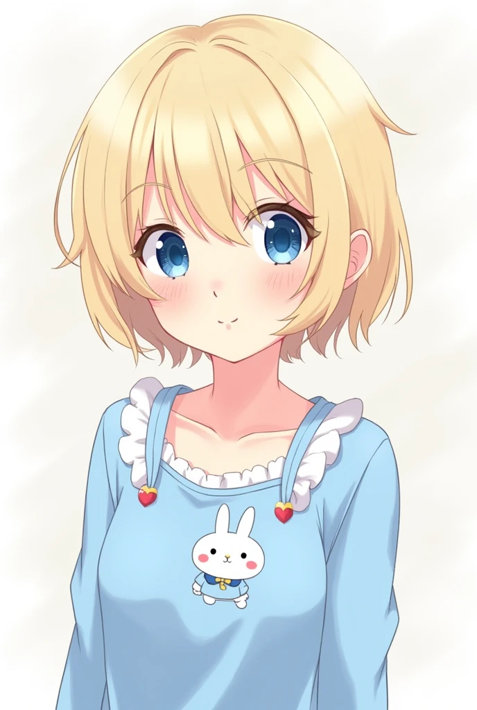 Anime girl blue eyes short blonde hair wearing blue cinamoroll clothes a little uncovered