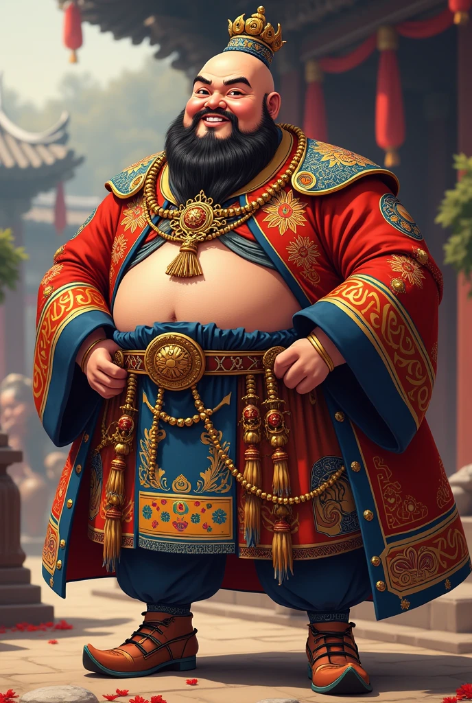 tao, Kaufmann, round belly, reddish beard, Black bald hair, Richly dressed, colorfully dressed, Antiquity, Anime Style