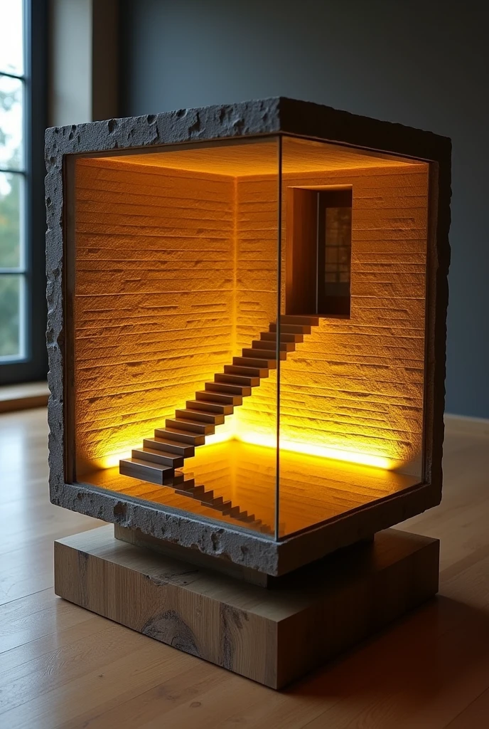 A 50 cm square table designed to give the impression of a deep well, thanks to the reflective glass surface that creates a stunning visual effect resembling an endless tunnel.. Inside the well, the walls are covered with a raised wallpaper with a design that mimics industrial brick or a modern look, adding depth and extra detail.. Warm yellow LED interior lighting floods the well interior and highlights the details.. The decor includes a modern-looking staircase that extends into the well, adding an artistic and contemporary feel.. The table is mounted on a solid wooden base, which gives it strength and stability.