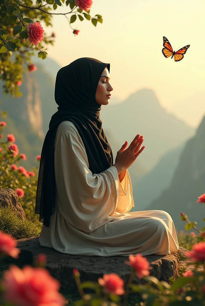 Muslim woman sits and prays , She is wearing a very beautiful cotton dress , there is a black scarf on the head , her face is not visible , rays of light illuminate and butterflies fly around her , in the background there is a fabulous nature and mountains , flowers roses