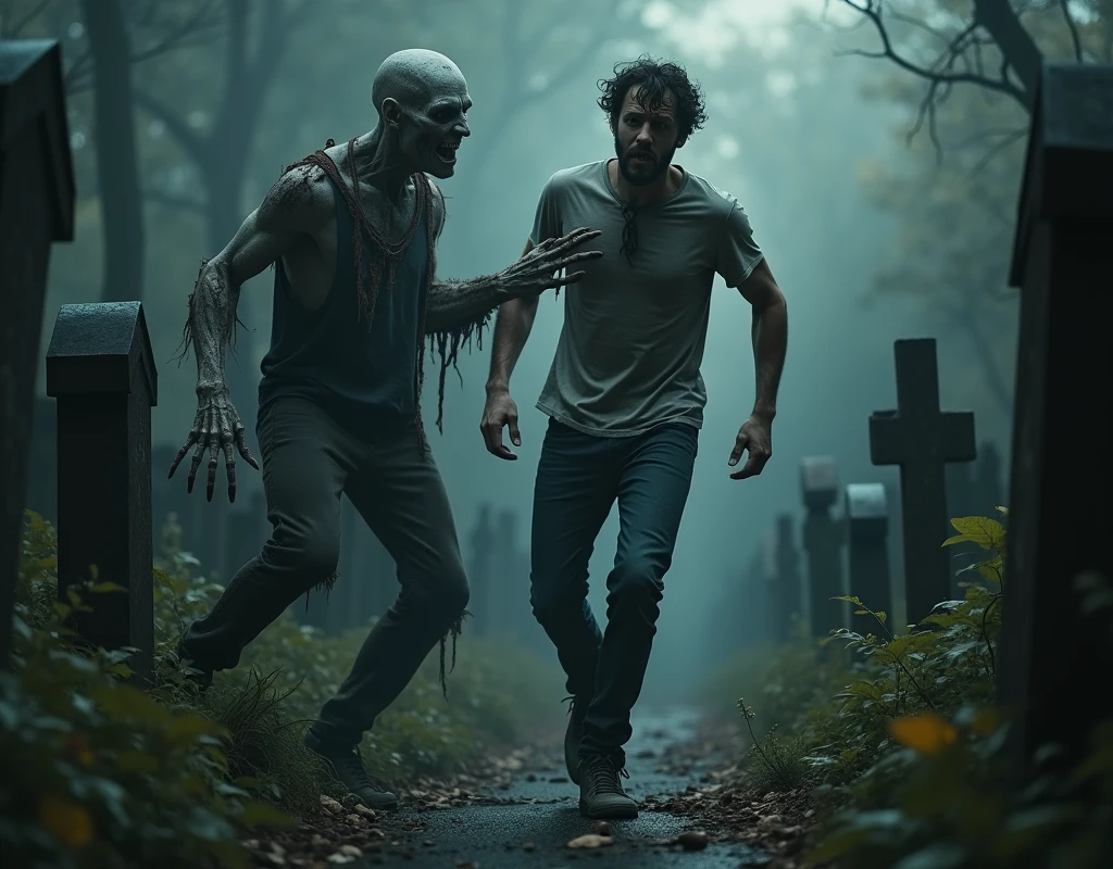 "Generates an image of a dark and spooky cemetery. In the middle, a man stands, with a panicked expression on his face. He is dressed in casual clothes, like a t-shirt and jeans, but his clothes are a little messy, as if he had been running or fighting. His eyes are wide open in terror, and it seems like he's trying to break free.
at your side, a zombie is approaching from the left. The zombie has pale, decaying skin., with parts of bone visible through the meat. His clothes are torn and dirty., hanging in tatters. The zombie's hands are outstretched and firmly gripping the man's arm.. The zombie's nails are long and dirty., and his fingers look tense, as if he was pulling the man towards him.