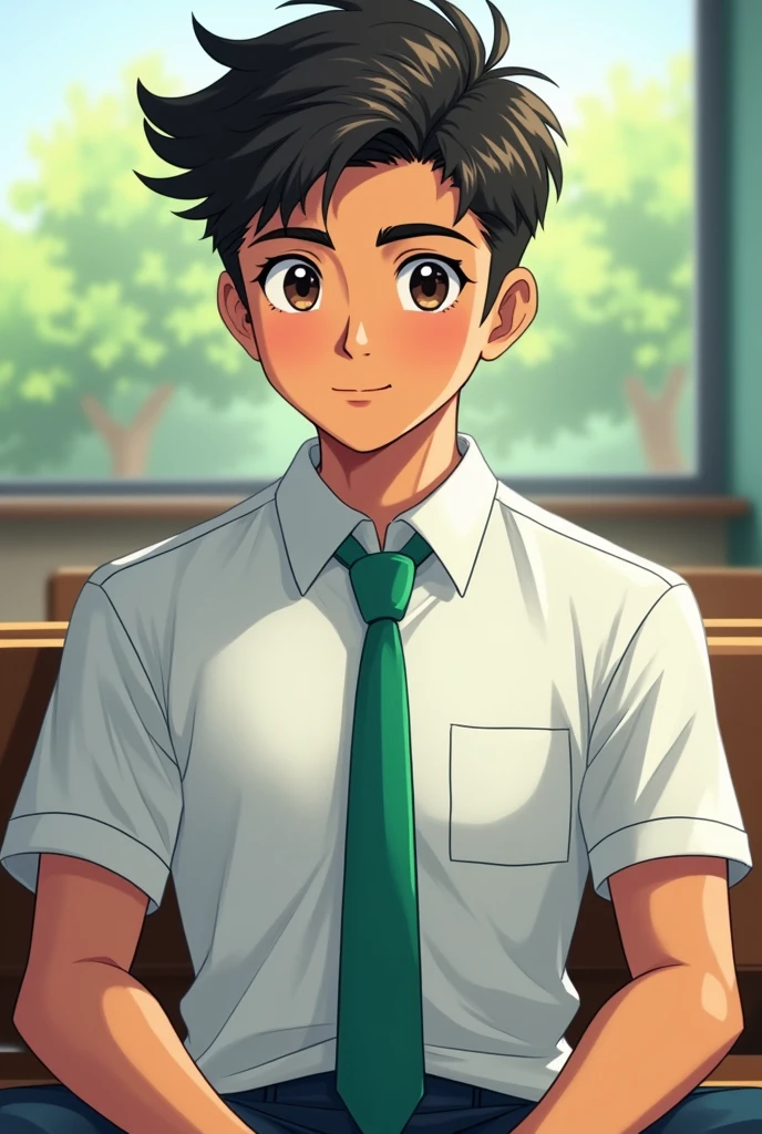 an indian boy about 18 years old, smart hairstyle, white school shirt, green tie, green school shirt in anime style sitting
