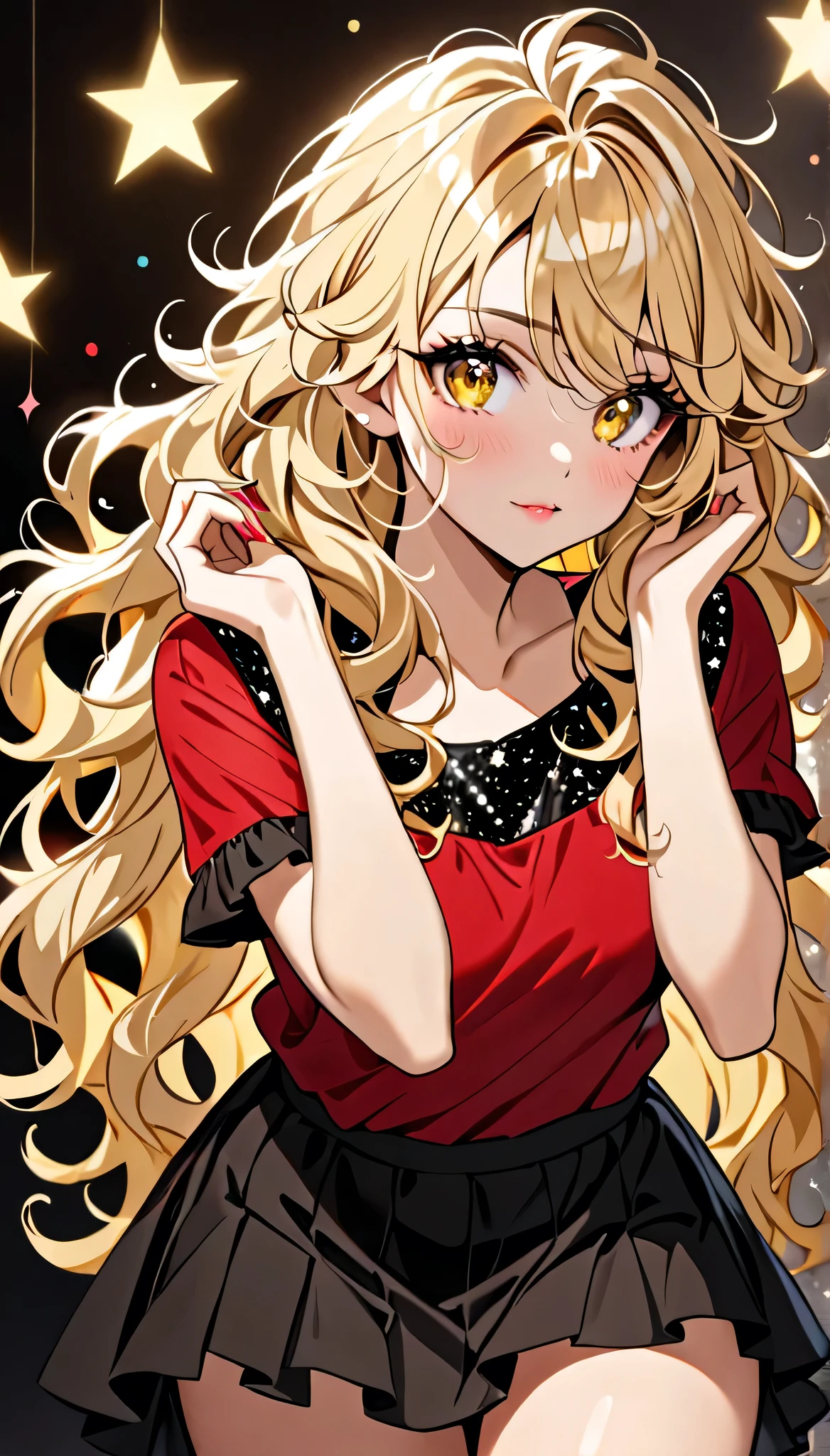 Beautiful and blond messy styled hair, best quality, beautiful woman, amorous expression, blonde messy wavy hair, light blonde hair, yellow eyes, make-up, red stylish top, black skirts, sparkly fluffy, flaunting her hair
