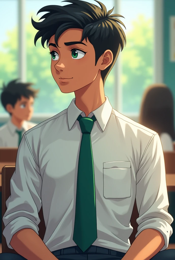 an indian boy about 18 years old, smart hairstyle, white school shirt, green tie, green school shirt in anime style sitting