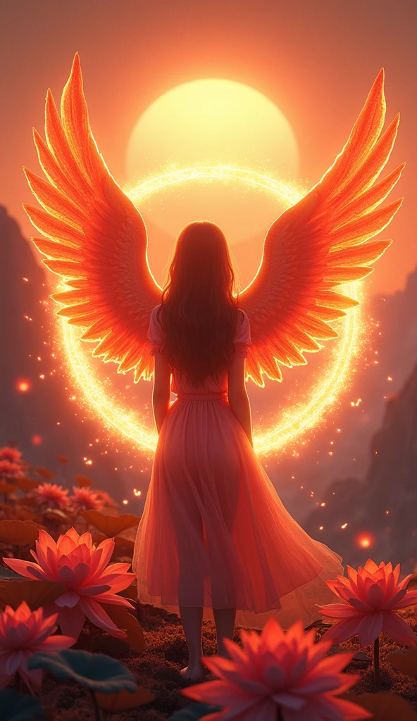 (Masterpiece, best quality: 1.2), a girl with phoenix wings standing in a ring of fire, with glowing red eyes, phoenix, lotus flowers, red gold pink, sunrise from mountain at the background