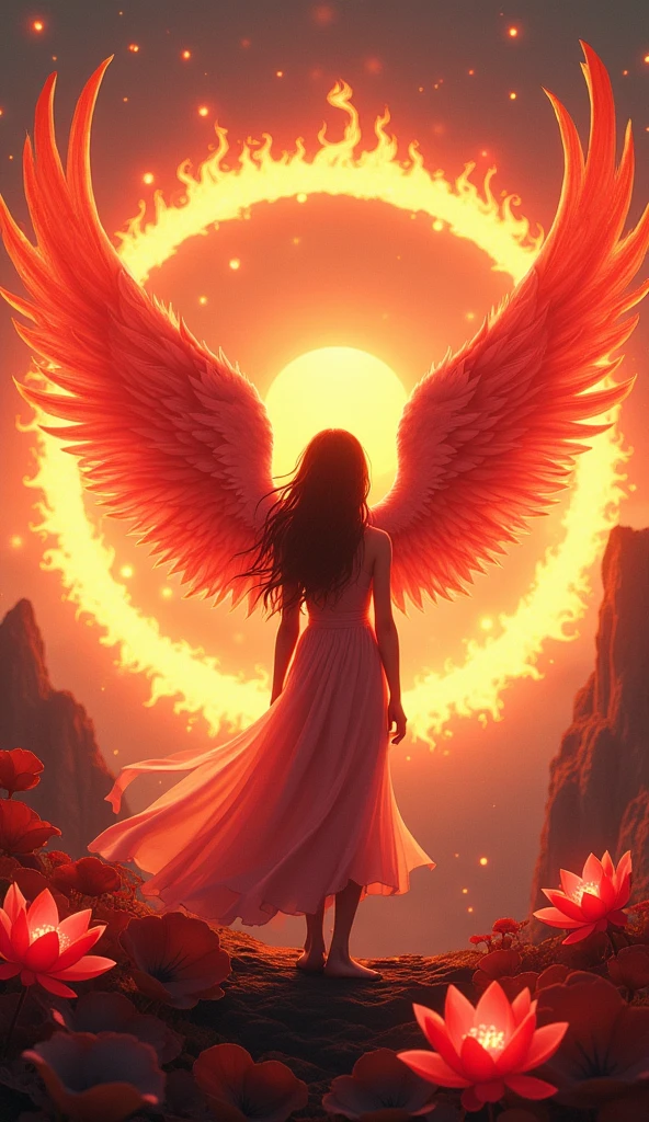 (Masterpiece, best quality: 1.2), a girl with phoenix wings standing in a ring of fire, with glowing red eyes, phoenix, lotus flowers, red gold pink, sunrise from mountain at the background