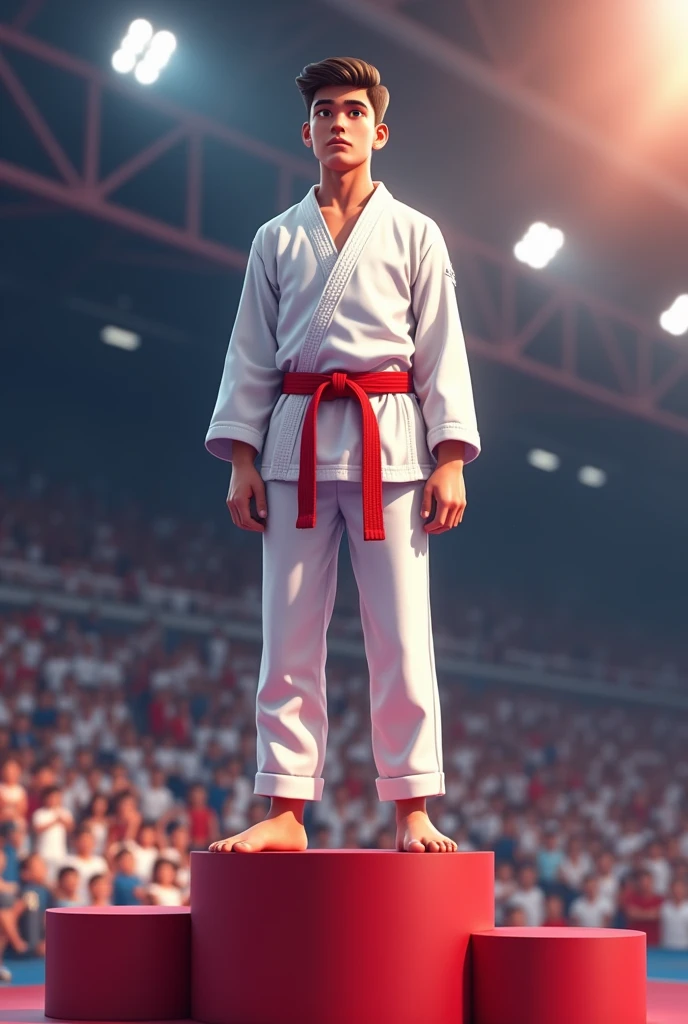 Young man on the podium in first place in red belt karate