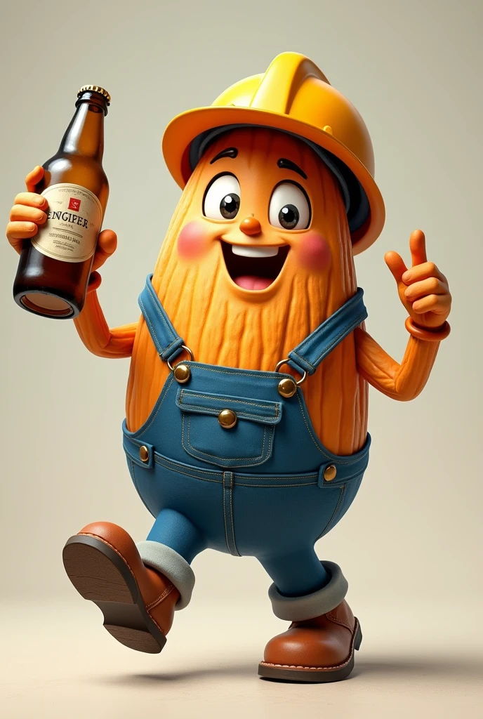 an almond dressed as an engineer with a beer in her hand and dancing