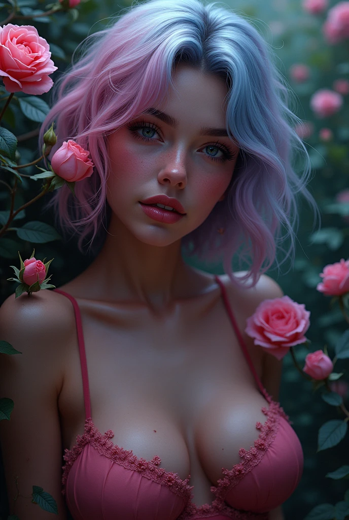 Very detailed, Seductive erotic women sweating, small Breasts covered with rose petals, (plump, pink/Blue Hair), Face Focus, Complex eyes, in a flowered garden, at night